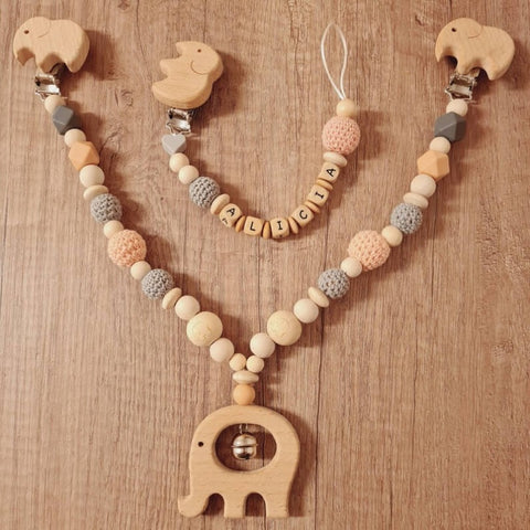 BeautifulGifts - Kinderwagenkette + Schnullerkette im Set mit Herz, auch einzeln, Herzen, Glöckchen, Taufe oder Geburt, Jungen, Mädchen, Peach/Grau