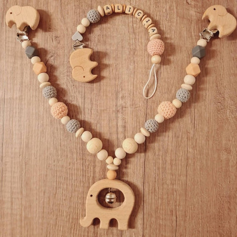 BeautifulGifts - Kinderwagenkette + Schnullerkette im Set mit Herz, auch einzeln, Herzen, Glöckchen, Taufe oder Geburt, Jungen, Mädchen, Peach/Grau