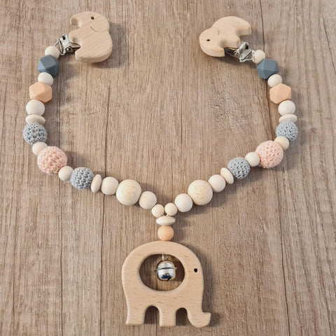 BeautifulGifts - Kinderwagenkette + Schnullerkette im Set mit Herz, auch einzeln, Herzen, Glöckchen, Taufe oder Geburt, Jungen, Mädchen, Peach/Grau
