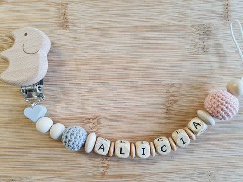 BeautifulGifts - Schnullerkette mit Name Elefant , Hellgrau und Apricot/Peachy