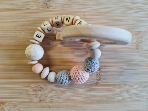 BeautifulGifts - Schnullerkette mit Name Elefant , Hellgrau und Apricot/Peachy