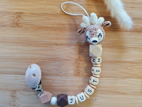BeautifulGifts - Schnullerkette mit Namen für Zwillinge o. Einzeln, Elch Grau oder Braun, Mädchen, Jungen, Farbkombis möglich