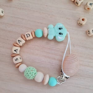 BeautifulGifts - Schnullerkette mit Name Motiv-Elefant , Mint-Grün/Grau o. Rosa, für Babys als Geschenk, Mädchen und Jungen, Clipform nach Wahl