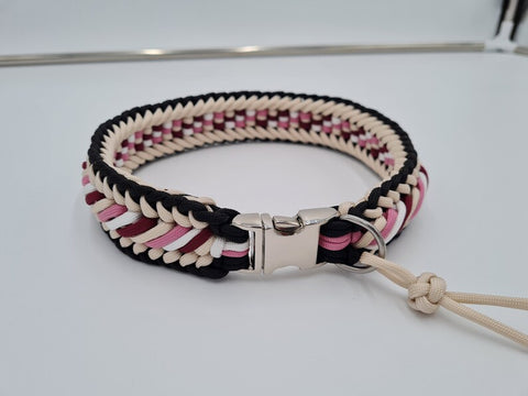BeautifulGifts - Personalisiertes Hundehalsband, Paracord "Camilla", wahlweise auch mit Metall-Klickverschluss Rose/Kunststoff, rosa, beige, schwarz, rot