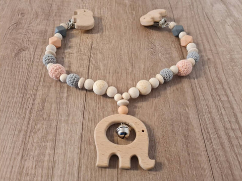 BeautifulGifts - Kinderwagenkette + Schnullerkette im Set mit Herz, auch einzeln, Herzen, Glöckchen, Taufe oder Geburt, Jungen, Mädchen, Peach/Grau