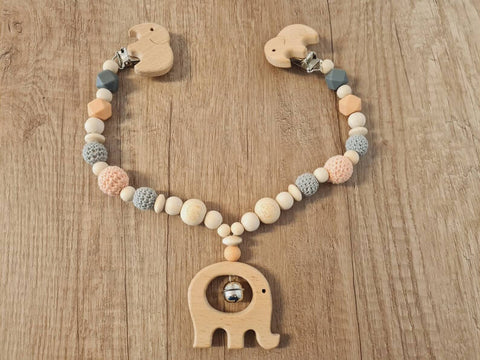 BeautifulGifts - Kinderwagenkette + Schnullerkette im Set mit Herz, auch einzeln, Herzen, Glöckchen, Taufe oder Geburt, Jungen, Mädchen, Peach/Grau